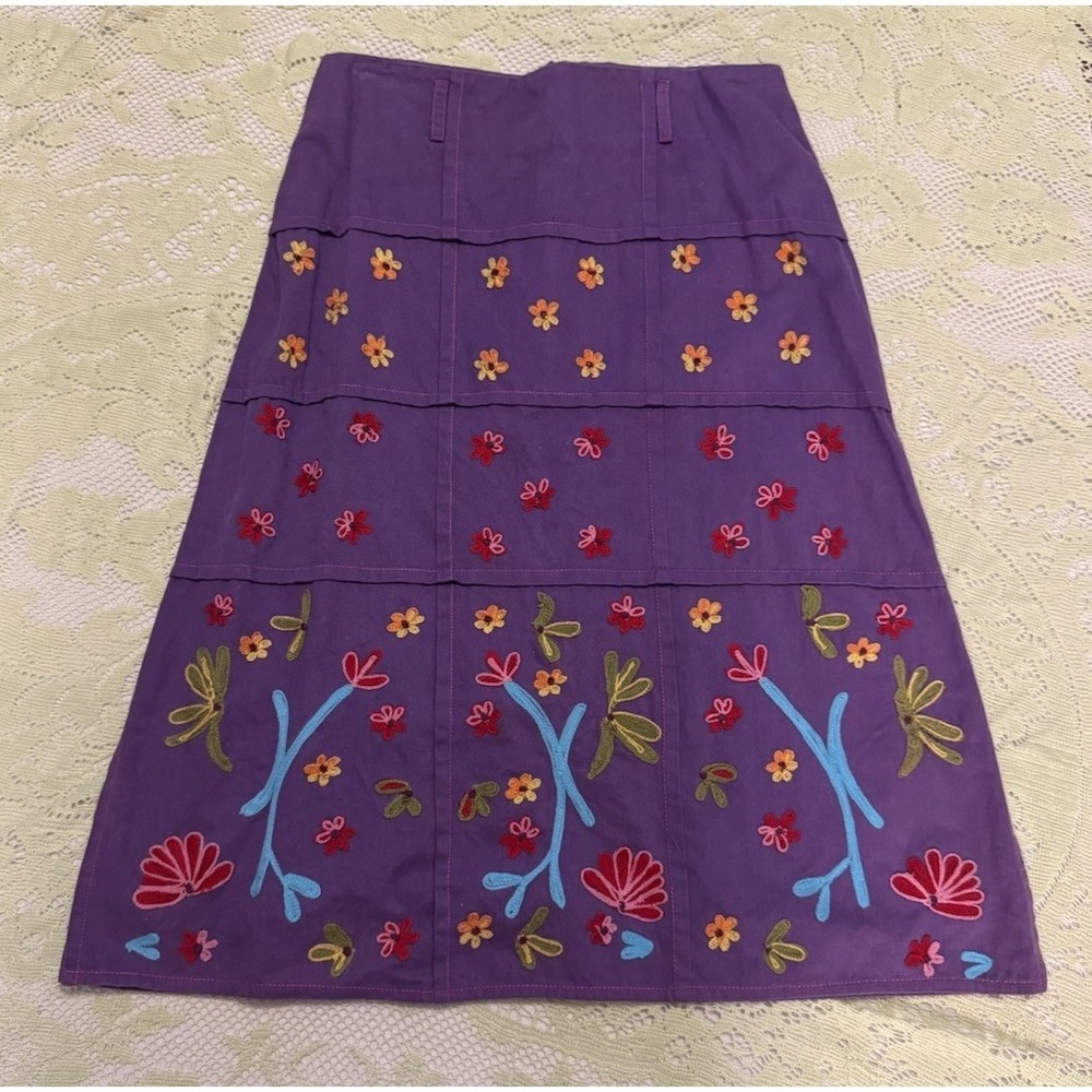 90s Y2K Blue Plate 100% Cotton Purple A-line Skirt W/ Embroidered Flowers Sz 2